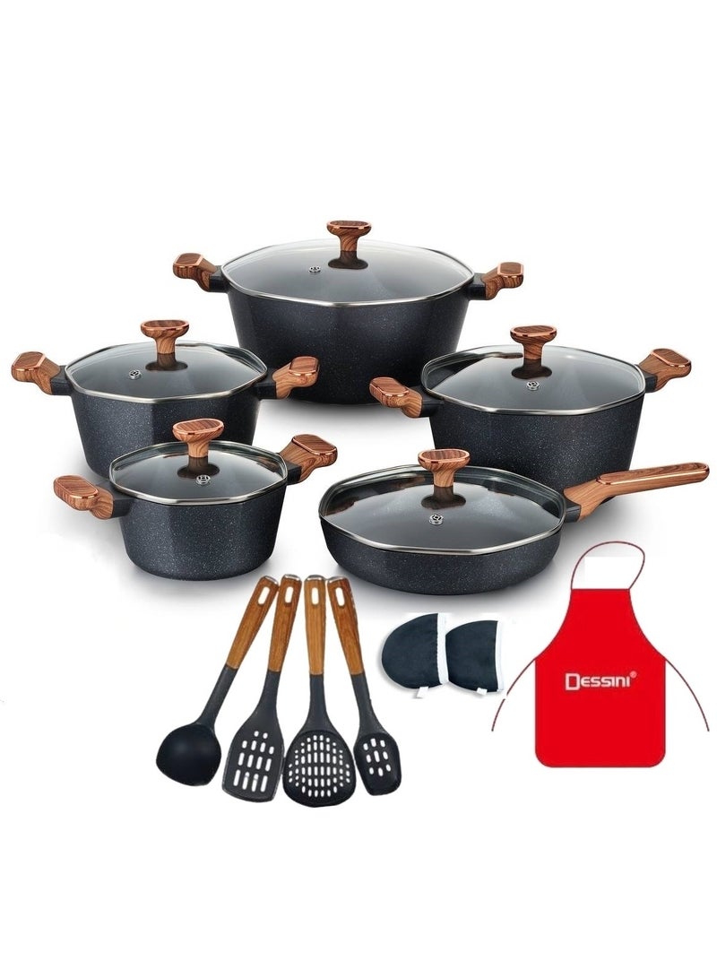 ديسيني طقم أواني طهي مطلي بالجرانيت 17 قطعة يتضمن كسرولة 20،24،28 و 32 سم مع غطاء ، مقلاة عميقة 28 سم مع غطاء و 7 أدوات طهي