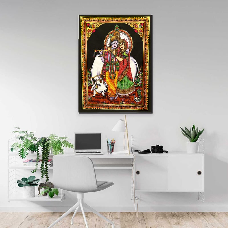 Shoppers Point Radha Krishna with Cow Cotton Wall Hanging Multicolor Sequin Embedded Cloth Poster Tapestry Cotton Fabric 40X30 INCH Multicolour - Image 4