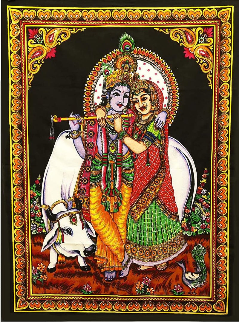 Shoppers Point Radha Krishna with Cow Cotton Wall Hanging Multicolor Sequin Embedded Cloth Poster Tapestry Cotton Fabric 40X30 INCH Multicolour - Image 1