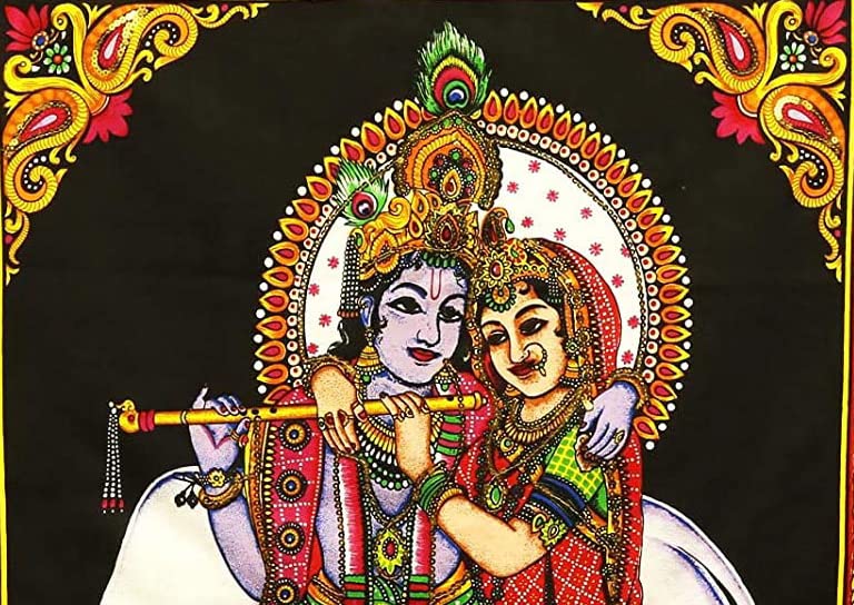 Shoppers Point Radha Krishna with Cow Cotton Wall Hanging Multicolor Sequin Embedded Cloth Poster Tapestry Cotton Fabric 40X30 INCH Multicolour - Image 3