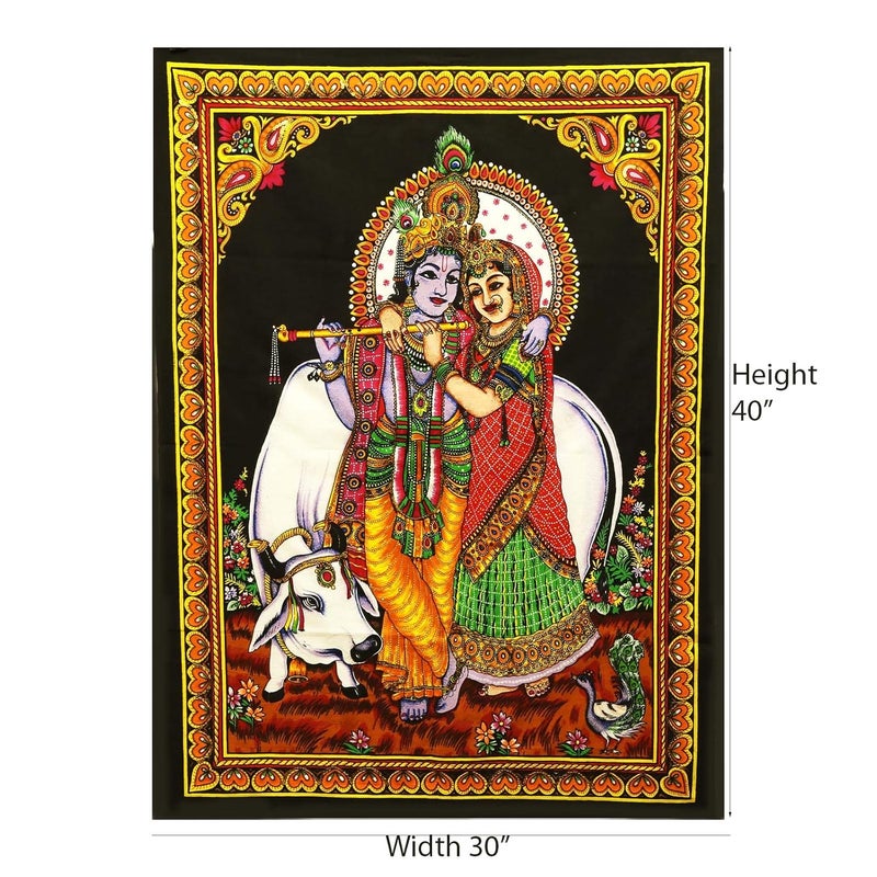 Shoppers Point Radha Krishna with Cow Cotton Wall Hanging Multicolor Sequin Embedded Cloth Poster Tapestry Cotton Fabric 40X30 INCH Multicolour - Image 2