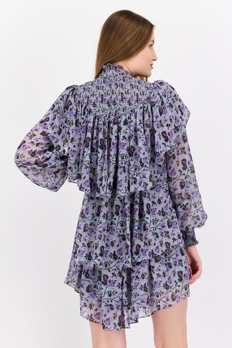 Cinq A Sept Women Floral  Tiered Detail Long Sleeve Mini Dress, Multicolor - Image 3