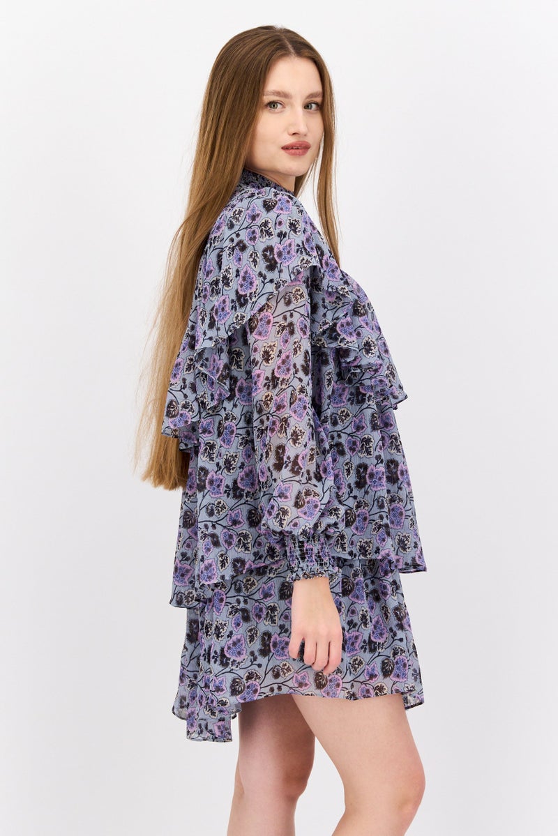 Cinq A Sept Women Floral  Tiered Detail Long Sleeve Mini Dress, Multicolor - Image 2