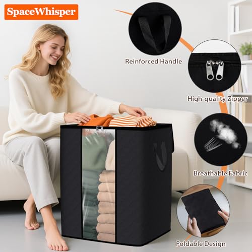 SpaceWhisper 3 Pack 100L Clothes Storage, Foldable Thick Fabric Blanket Storage Bags, Containers for Organizing Bedroom, Closet, Clothing, Comforter,Closet Organization with Handle,Black - Image 3