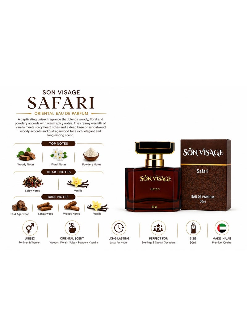 سون فيساج سون فيزاج سفاري عطر أو دو بارفان للجنسين – عطر شرقي خشبي بلمسات زهرية وبودريّة مع العود والفانيليا وخشب الصندل – 50 مل - Image 3