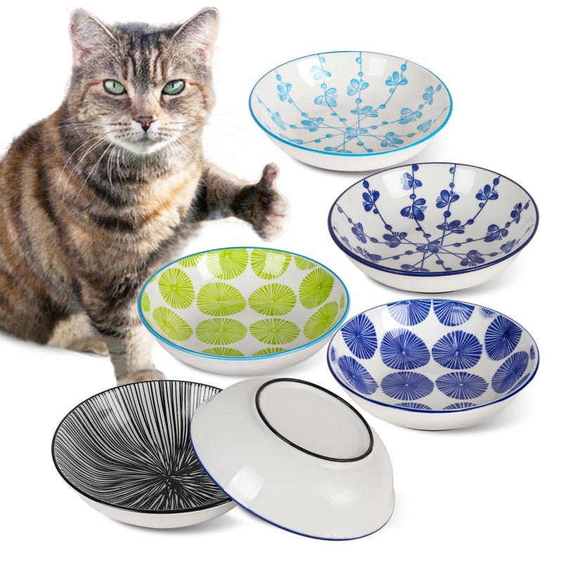 HAPPY KIT Ceramic Cat Bowls with Non-Slip Silicone Bottom,Prevent Whisker Fatigue,Reduce Mess,Wide Cat Bowls for Indoor Cats,6 Colorful Set for Daily Feeding Gift Choice (Classic) - Image 1
