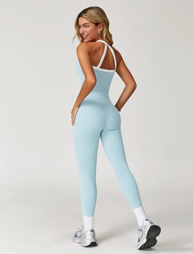 ABOCIW Workout Sets for Women 2 Piece Color Block Longline Sports Bra High Waist Leggings Gym Set Yoga Pilates Outfits Active Wear White Trim Light Blue Small - Image 3