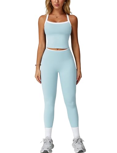 ABOCIW Workout Sets for Women 2 Piece Color Block Longline Sports Bra High Waist Leggings Gym Set Yoga Pilates Outfits Active Wear White Trim Light Blue Small - Image 1