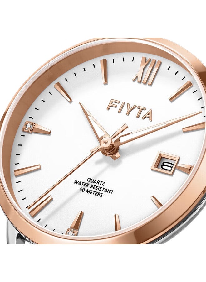 Fiyta Elegant Series White Dial Brown Leather Strap Ladies' Quartz Watch With Calendar Window - Holiday Birthday Gift - Image 1
