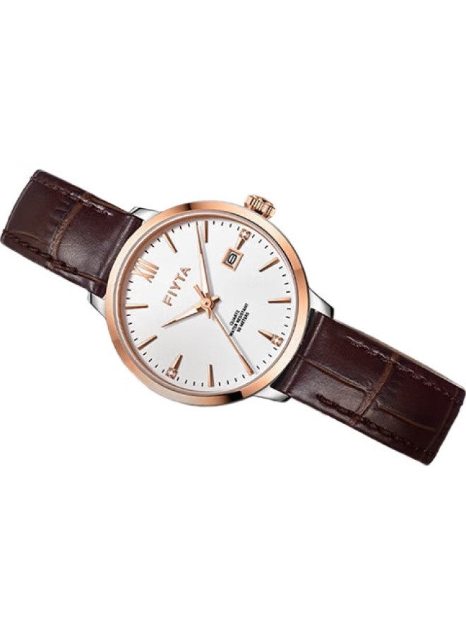 Fiyta Elegant Series White Dial Brown Leather Strap Ladies' Quartz Watch With Calendar Window - Holiday Birthday Gift - Image 3