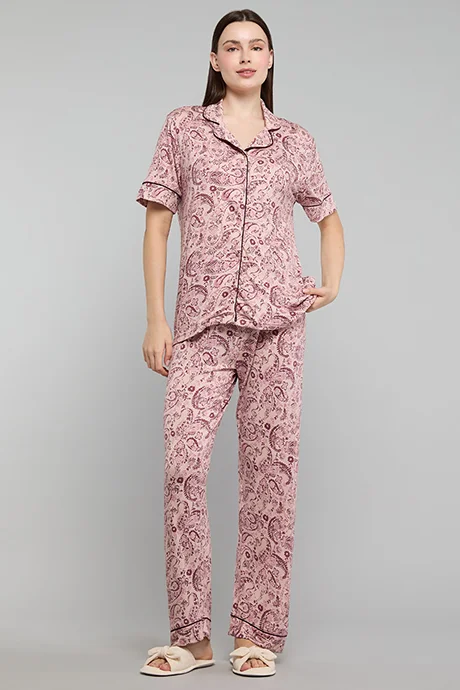 أر أند بي Paisley Print Lapel Collar Pyjama Set