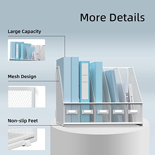 SUPEASY Desk Organizers Metal Desk Magazine File Holder with 5 Vertical Compartments Rack File Organizer for Office Desktop, Home Workspace, White - Image 5