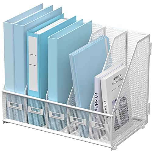 SUPEASY Desk Organizers Metal Desk Magazine File Holder with 5 Vertical Compartments Rack File Organizer for Office Desktop, Home Workspace, White - Image 1