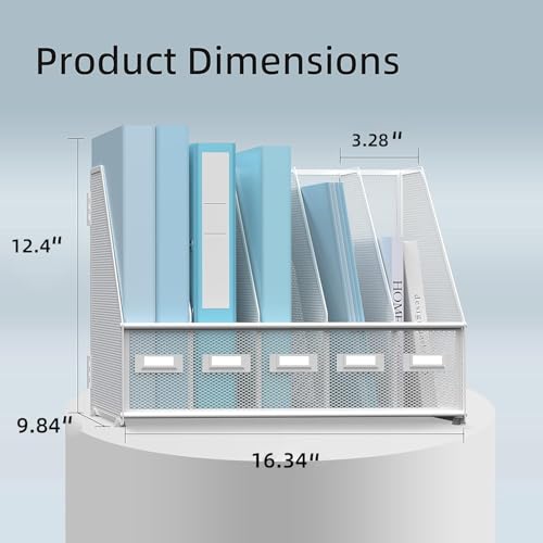SUPEASY Desk Organizers Metal Desk Magazine File Holder with 5 Vertical Compartments Rack File Organizer for Office Desktop, Home Workspace, White - Image 3