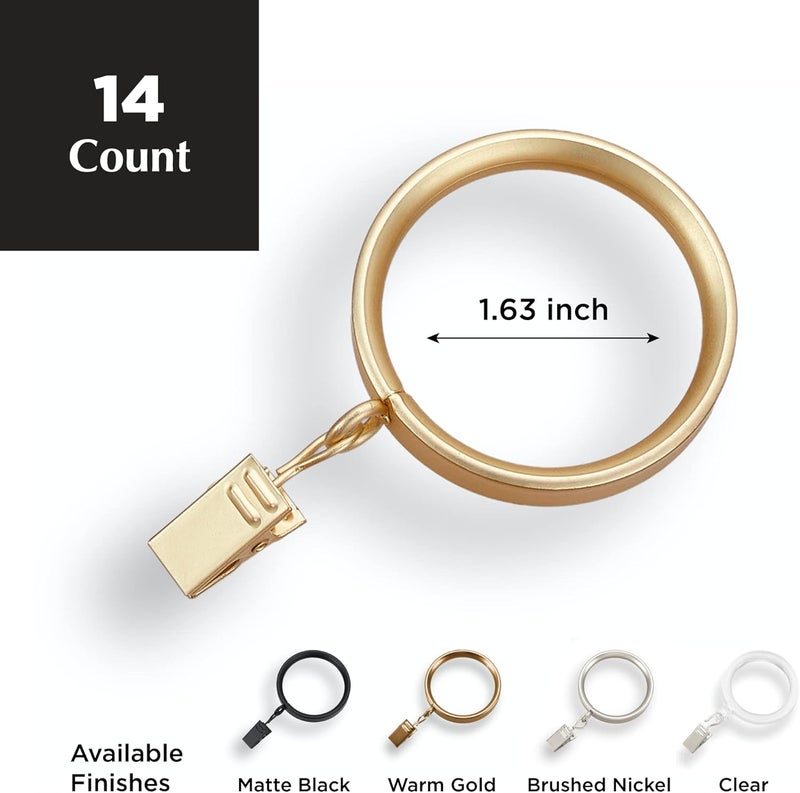 MODE Premium Collection Flat Steel Curtain Clip Rings, Set of 14 Curtain Rings with Clips, Rings with Clips for Curtains, Fits Premium and Acrylic Curtain Rods, 1 5/8”, Brushed Gold - Image 2