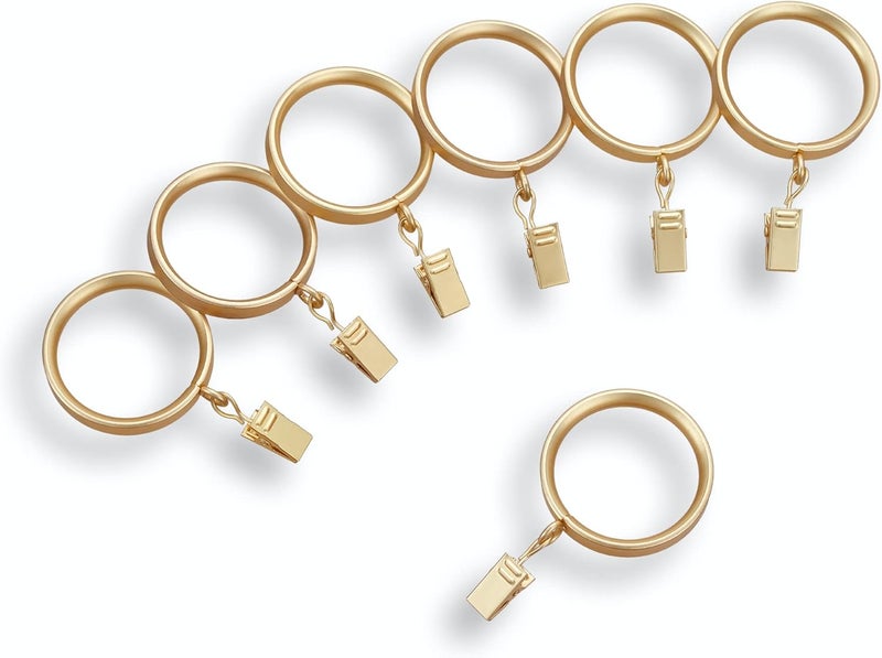 MODE Premium Collection Flat Steel Curtain Clip Rings, Set of 14 Curtain Rings with Clips, Rings with Clips for Curtains, Fits Premium and Acrylic Curtain Rods, 1 5/8”, Brushed Gold - Image 1