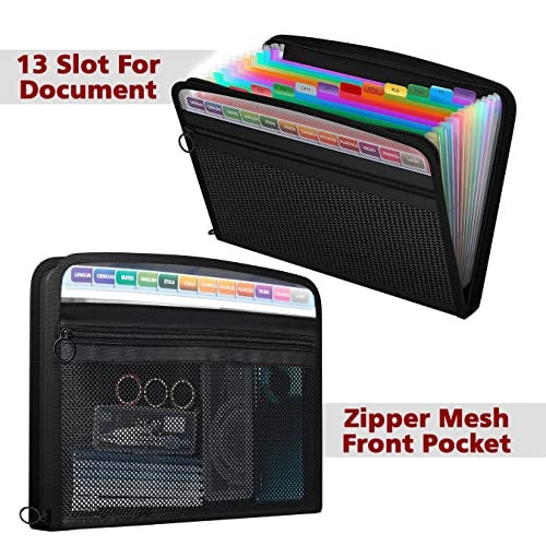 NISUN 13 Pocket Expanding File Folder with Sticky Labels, Letter/A4 Paper Accordion File, Document Organizer with Zipper Closure, Certificate File Holder for School Home Office (Black, 33 * 4 * 25cm) - Image 5