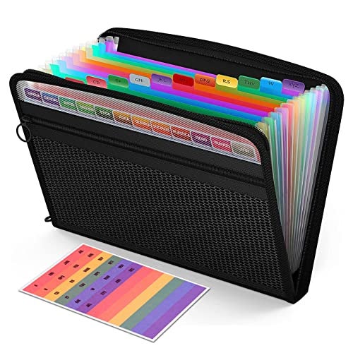 NISUN 13 Pocket Expanding File Folder with Sticky Labels, Letter/A4 Paper Accordion File, Document Organizer with Zipper Closure, Certificate File Holder for School Home Office (Black, 33 * 4 * 25cm) - Image 1