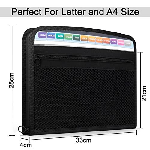 NISUN 13 Pocket Expanding File Folder with Sticky Labels, Letter/A4 Paper Accordion File, Document Organizer with Zipper Closure, Certificate File Holder for School Home Office (Black, 33 * 4 * 25cm) - Image 2