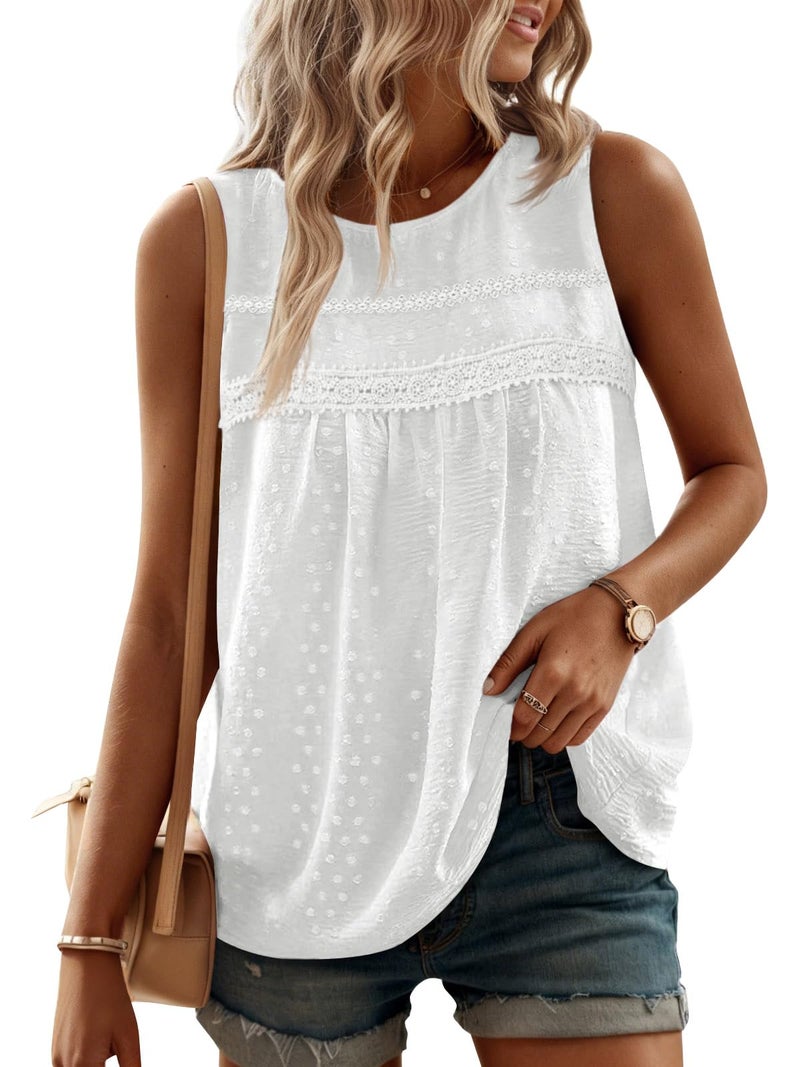 Yousify Tank Top for Women Loose Fit Sleeveless Crew Neck Camisole Tops Casual Swiss Dots White Summer Cami Shirts Blouse S - Image 1
