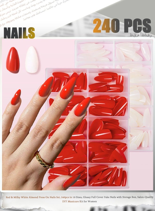 Zen Red & Milky White Almond Press On Nails Set, 240pcs in 10 Sizes, Glossy Full Cover Fake Nails with Storage Box, Salon-Quality DIY Manicure Kit for Women - Image 1