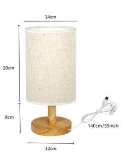 Generic USB Bedside Circular Table Desk Lamp,Solid Wood Base with Flaxen Fabric Shade for Bedroom Living Room,Warm Light Small Table Lamp for Bedroom, Living Room,Nightstand,Office  - Image 2