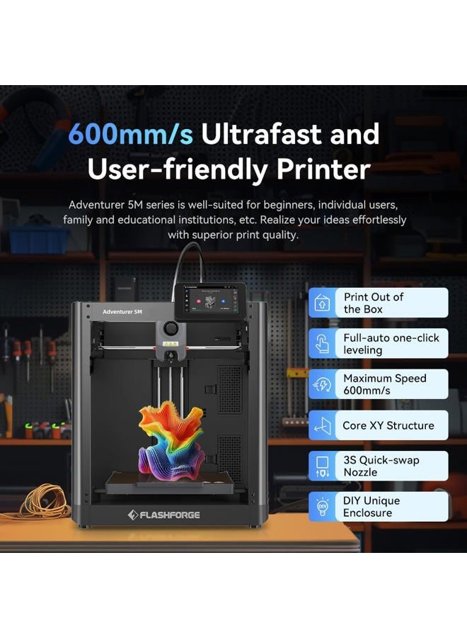 FLASHFORGE Adventurer 5M 3D Printer, 600 mm/s High Speed Printer with Fully Automatic Levelling, Quick Removable 280°C Nozzle, Effective Two-Channel Cooling, Core XY Structure, 220 x 220 x 220 mm - Image 2