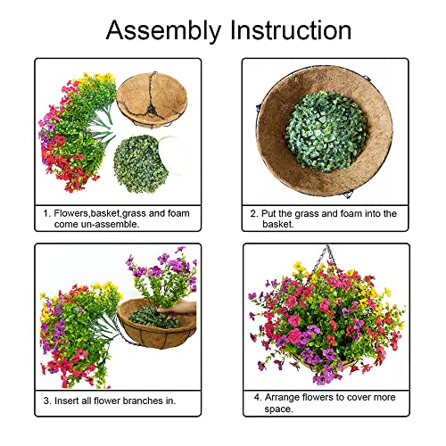 Lesrant Artificial Flowers in Basket,Artificial Hanging Baskets with Flowers for Outdoor Indoor Courtyard Decor,12 inch Coconut Lining Basket for Patio Garden Porch Deck Decoration - Image 3