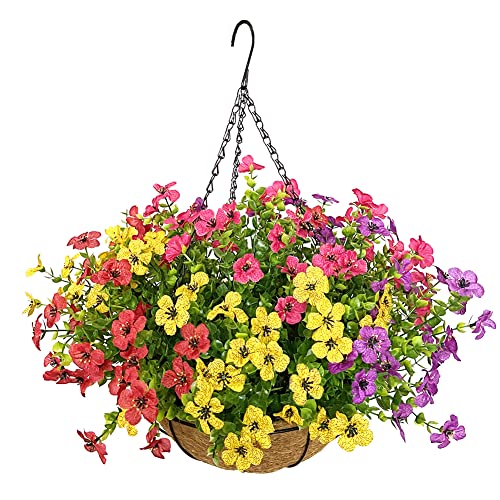 Lesrant Artificial Flowers in Basket,Artificial Hanging Baskets with Flowers for Outdoor Indoor Courtyard Decor,12 inch Coconut Lining Basket for Patio Garden Porch Deck Decoration - Image 1