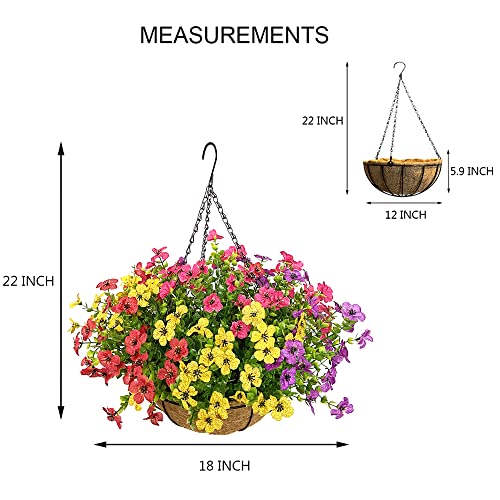 Lesrant Artificial Flowers in Basket,Artificial Hanging Baskets with Flowers for Outdoor Indoor Courtyard Decor,12 inch Coconut Lining Basket for Patio Garden Porch Deck Decoration - Image 2