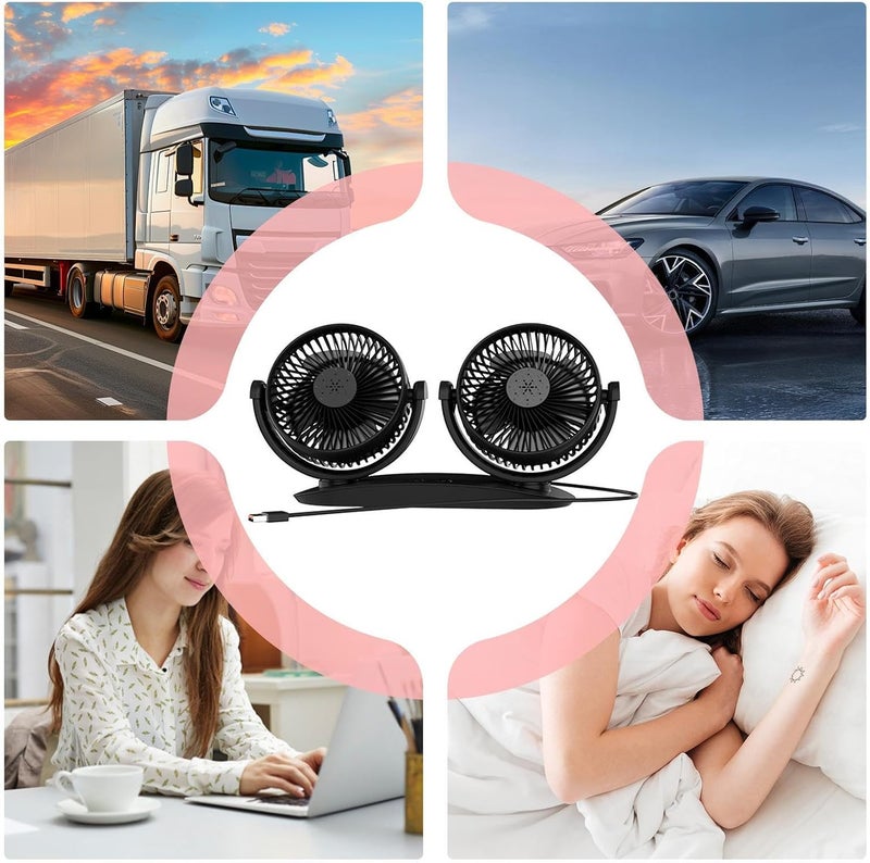 Car Cooling Fan | Double Head Vehicle Fan - 360-Degree Rotation Strong Wind Air Circulator Dashboard Accessories Cooling Device for Travel Outdoor Workplace Home School Trucks - Image 4
