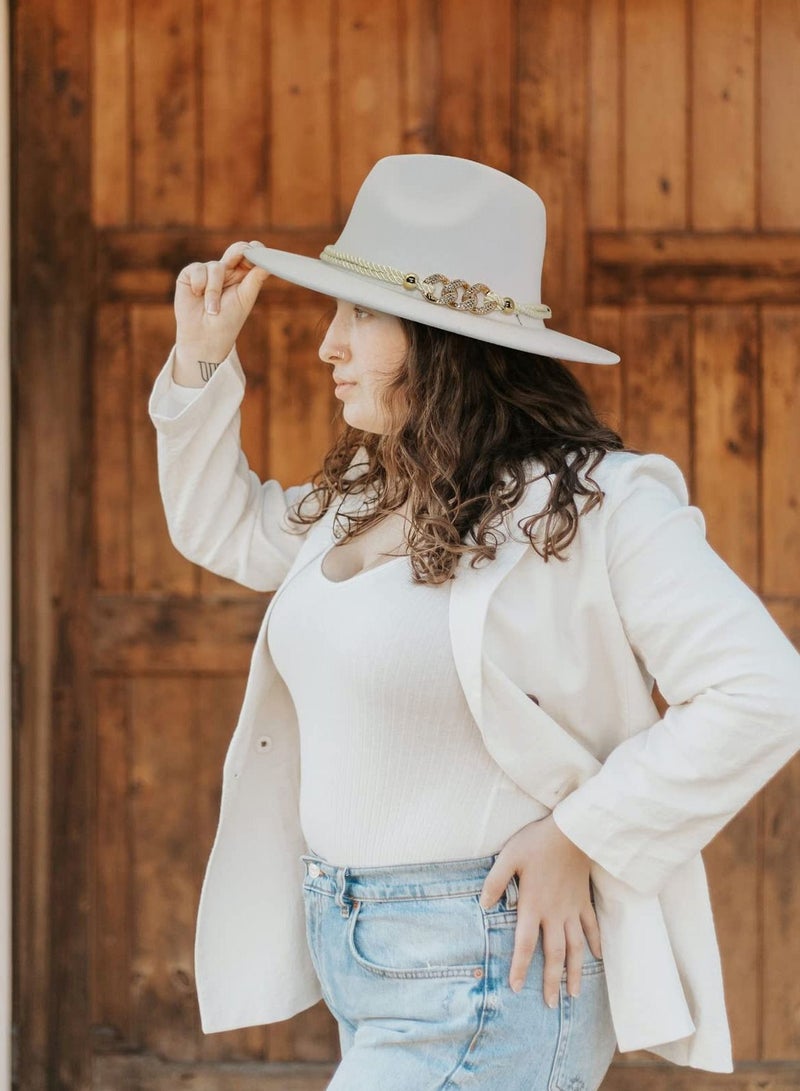 Excefore Womens Wide Brim Panama Hat Lady Mens Felt Fedora with Ring Belt, White - Image 4