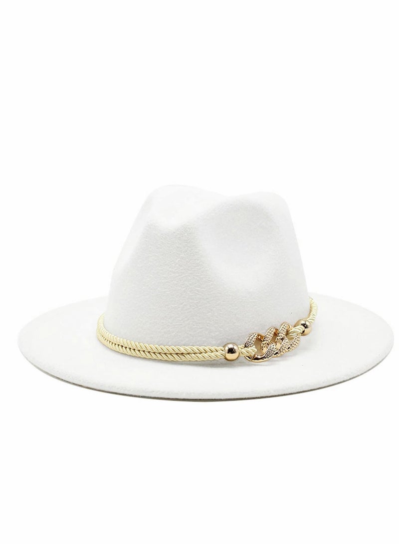 Excefore Womens Wide Brim Panama Hat Lady Mens Felt Fedora with Ring Belt, White - Image 1