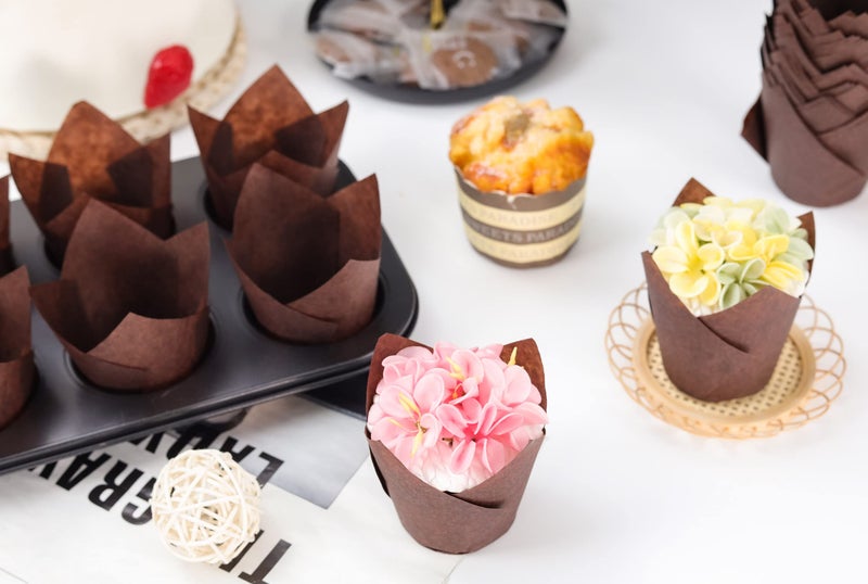 XP-ART 300PCS Tulip Cupcake Liners Medium Baking Cups Muffin Wrappers Perfect for Birthday Parties, Weddings, Baby Showers, Bakeries, Catering, Restaurants Standard Size (Brown) - Image 2