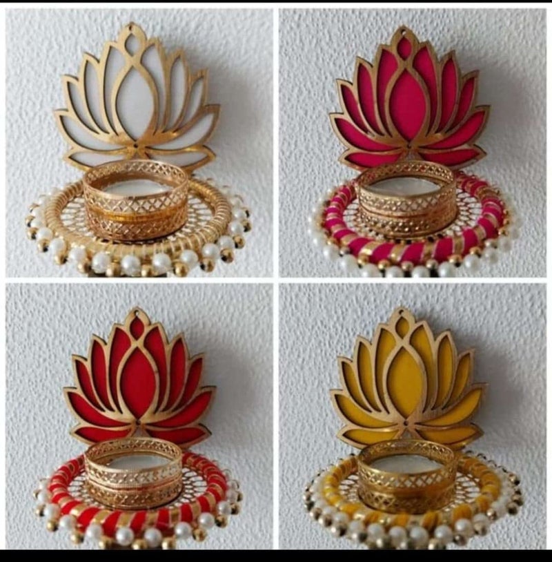 JOY DECOR Joy Decor AB Handmade Tealight Candle Holder MDF Lotus Shape Flower with Free Tea Light Candles Multicolor Medium Pack of 4 - Image 2