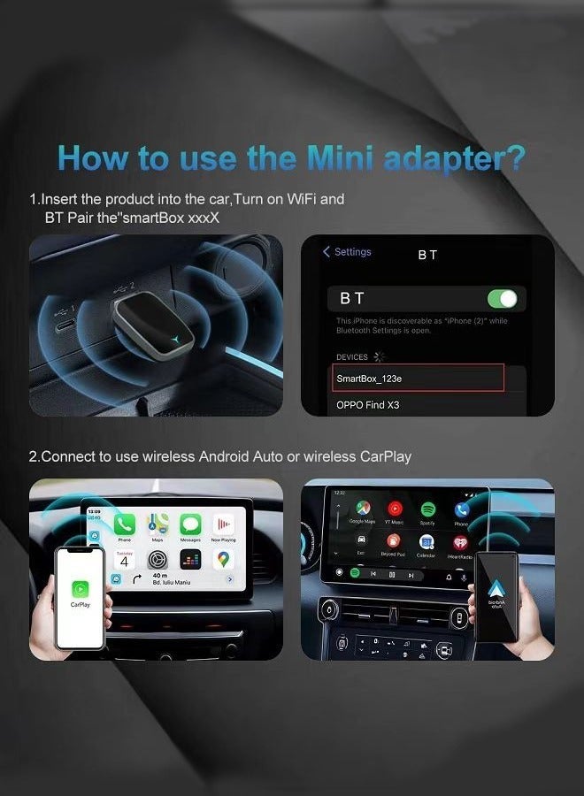 New mini Wireless Carplay Adapter, Convert Wired to Wireless Car Play & Android Auto 2-in-1 Adapter for Apple iPhone & Android Phone, Plug & Play, Auto Connect, No Delay, w/USB C for iOS 10+ Android 11+ - Image 2