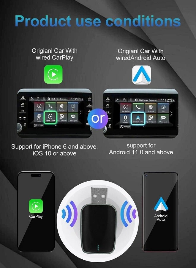 New mini Wireless Carplay Adapter, Convert Wired to Wireless Car Play & Android Auto 2-in-1 Adapter for Apple iPhone & Android Phone, Plug & Play, Auto Connect, No Delay, w/USB C for iOS 10+ Android 11+ - Image 4