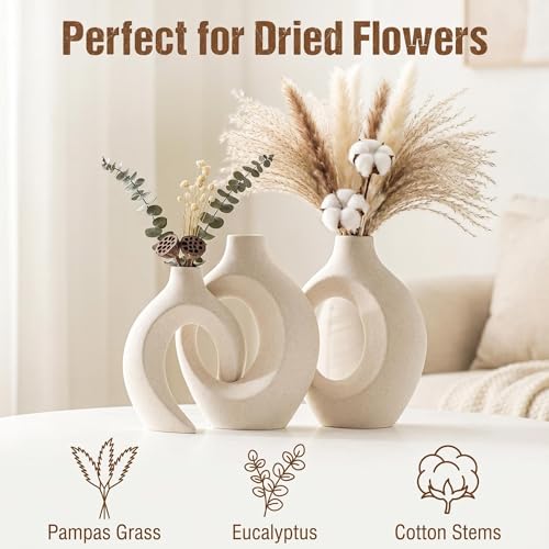 Liotww Snuggle Hollow Ceramic Donut Vase Set of 2 for Coffee Table Decor Decorative Vases for Boho Modern Table Centerpieces Home Living Room Entryway Table Shelves Decoration Beige 63 W x 84 H - Image 3