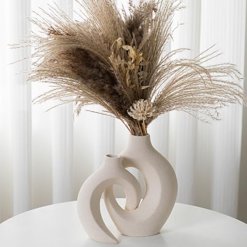 Liotww Snuggle Hollow Ceramic Donut Vase Set of 2 for Coffee Table Decor Decorative Vases for Boho Modern Table Centerpieces Home Living Room Entryway Table Shelves Decoration Beige 63 W x 84 H - Image 1
