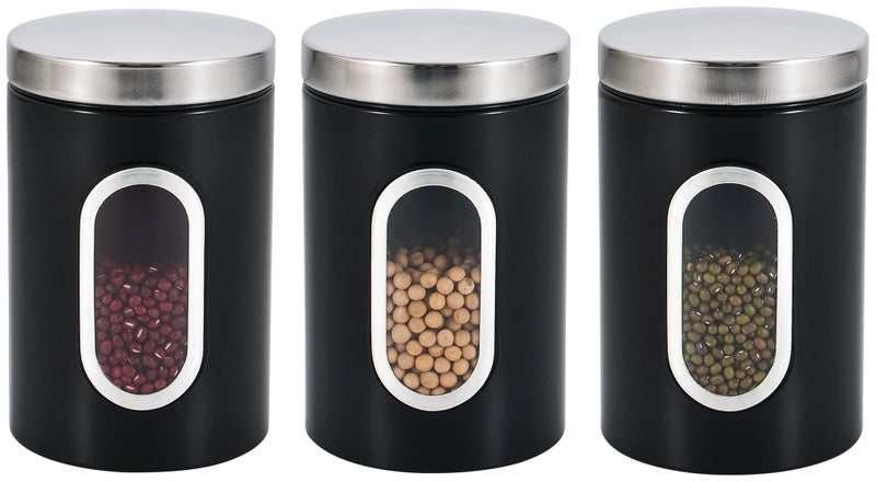 Royal Cuisine طقم حاويات الشاي والقهوة والسكر من رويل كوزين 3 قطع من الفولاذ المقاوم للصدأ مع واجهة زجاجية سوداء