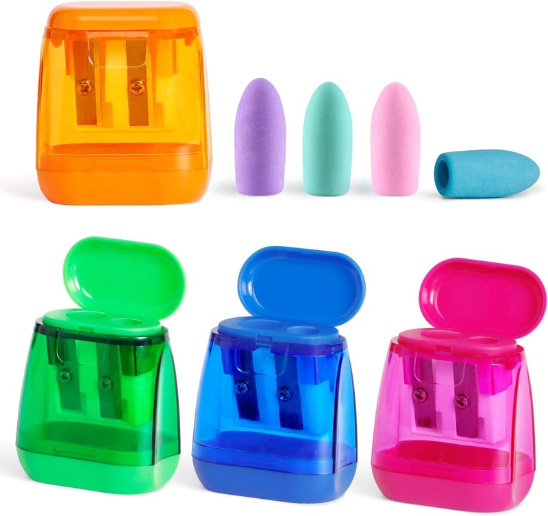 Aipker Pencil Sharpeners, Manual Sharpeners & Pencil Top Eraser Set for Colored Pencils, Colorful Protable Dual Holes Pencil Sharpener with Lid for Kids, Audlts, Artists, Classroom, School & Office - Image 1