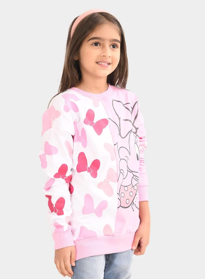 Bonkids Regular Fit Printed Pink Cotton Sweatshirt For Girls Round Neck Flat Collar Pull On 100 % Cotton