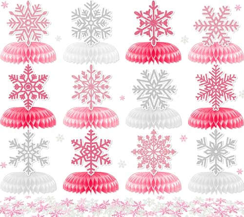 ILUIGGW Winter Wonderland Party Decorations Honeycomb Centerpieces 12Pcs Pink Snowflake Decorations for Table with Snowflake Confetti Winter Table Decorations for Holiday Birthday Baby Shower Party Supplies - Image 1