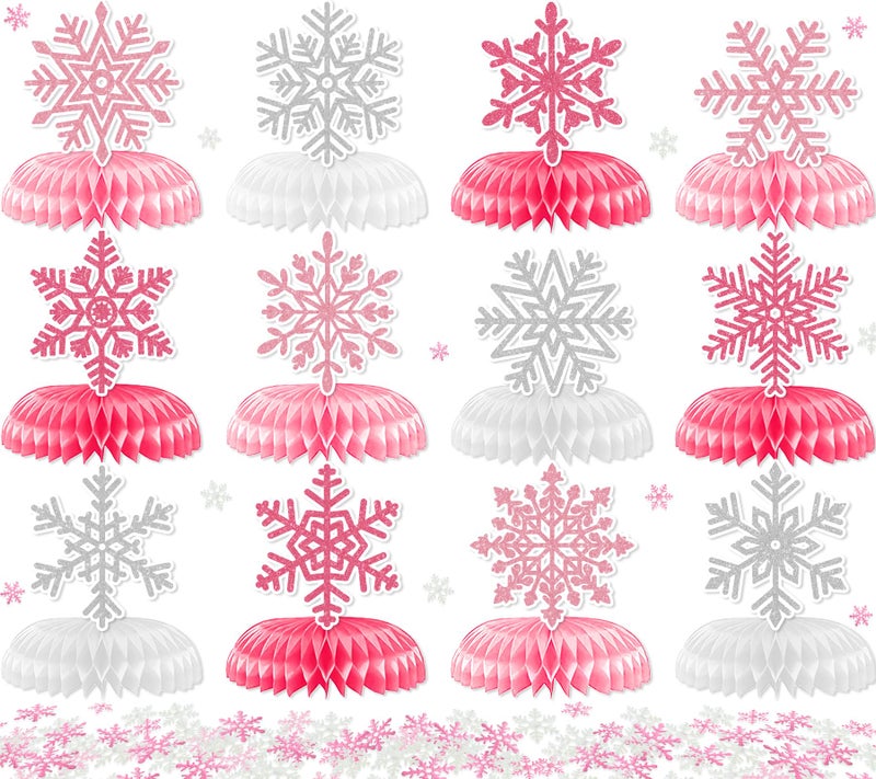 ILUIGGW Winter Wonderland Party Decorations Honeycomb Centerpieces 12Pcs Pink Snowflake Decorations for Table with Snowflake Confetti Winter Table Decorations for Holiday Birthday Baby Shower Party Supplies - Image 3