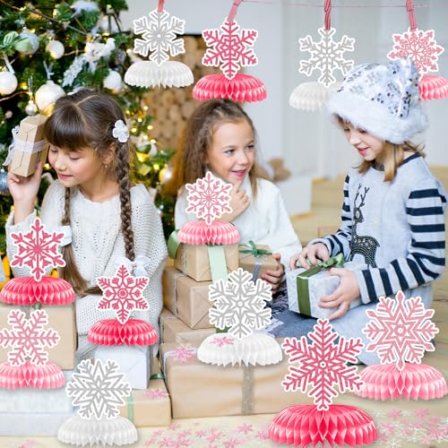 ILUIGGW Winter Wonderland Party Decorations Honeycomb Centerpieces 12Pcs Pink Snowflake Decorations for Table with Snowflake Confetti Winter Table Decorations for Holiday Birthday Baby Shower Party Supplies - Image 5
