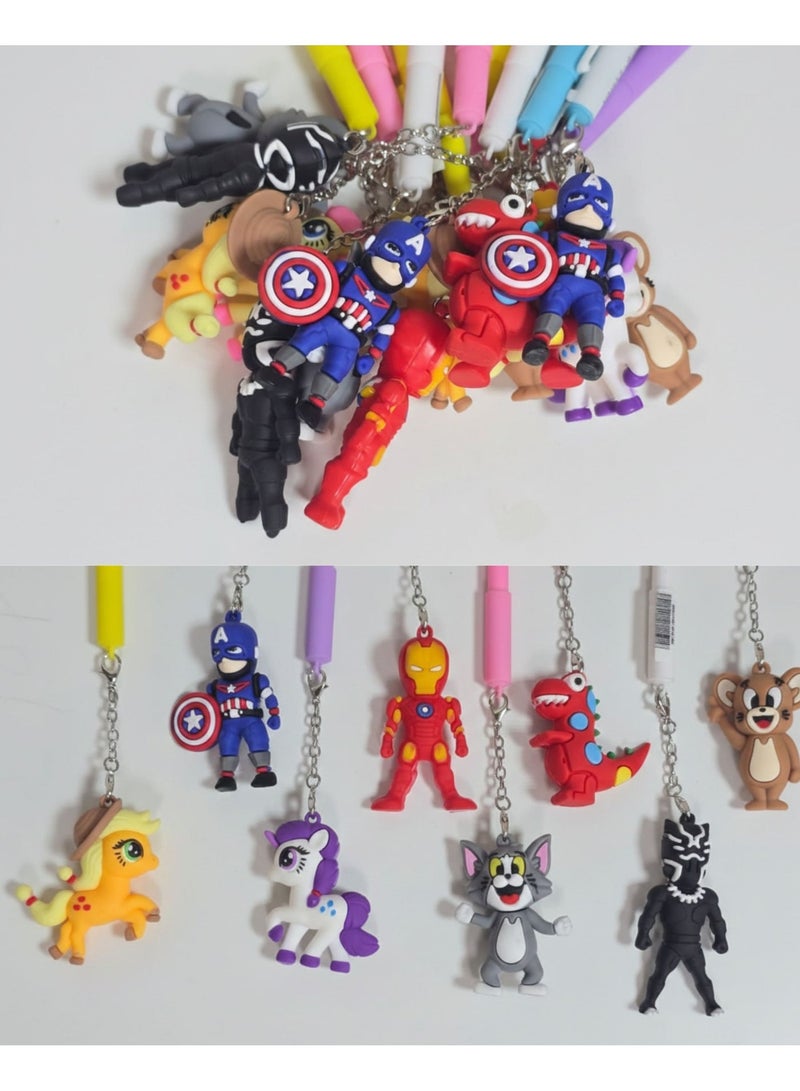 MARVEL Premium 12-Pack Assorted Cartoon Character Pens - Cute Superhero & Animal Silicone Toppers with Keychains, Smooth Writing Colorful Pens for Kids, School Stationery, Birthday Party Favors, and Gift Bags - Image 1