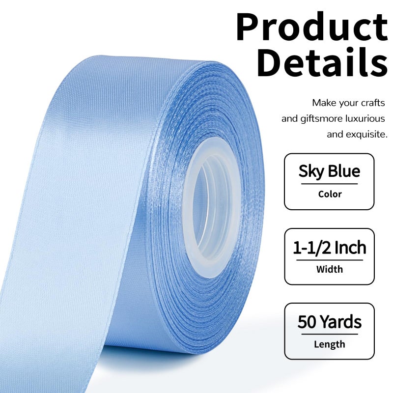 Mauproy 1-1/2 Inch Wide Sky Blue Satin Ribbon, 50 Yards Solid Polyester Fabric Ribbon for Roses Making, Gift Wrapping, Easter, Flower Bouquets, Wedding Decorations, Handmade Crafts - Image 2