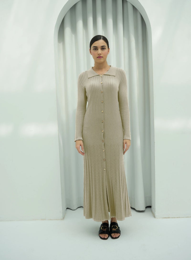2331 | Chic Button-Front Ribbed Knit Maxi Dress with Classic Collar and Long Sleeves - Timeless and Versatile | Beige