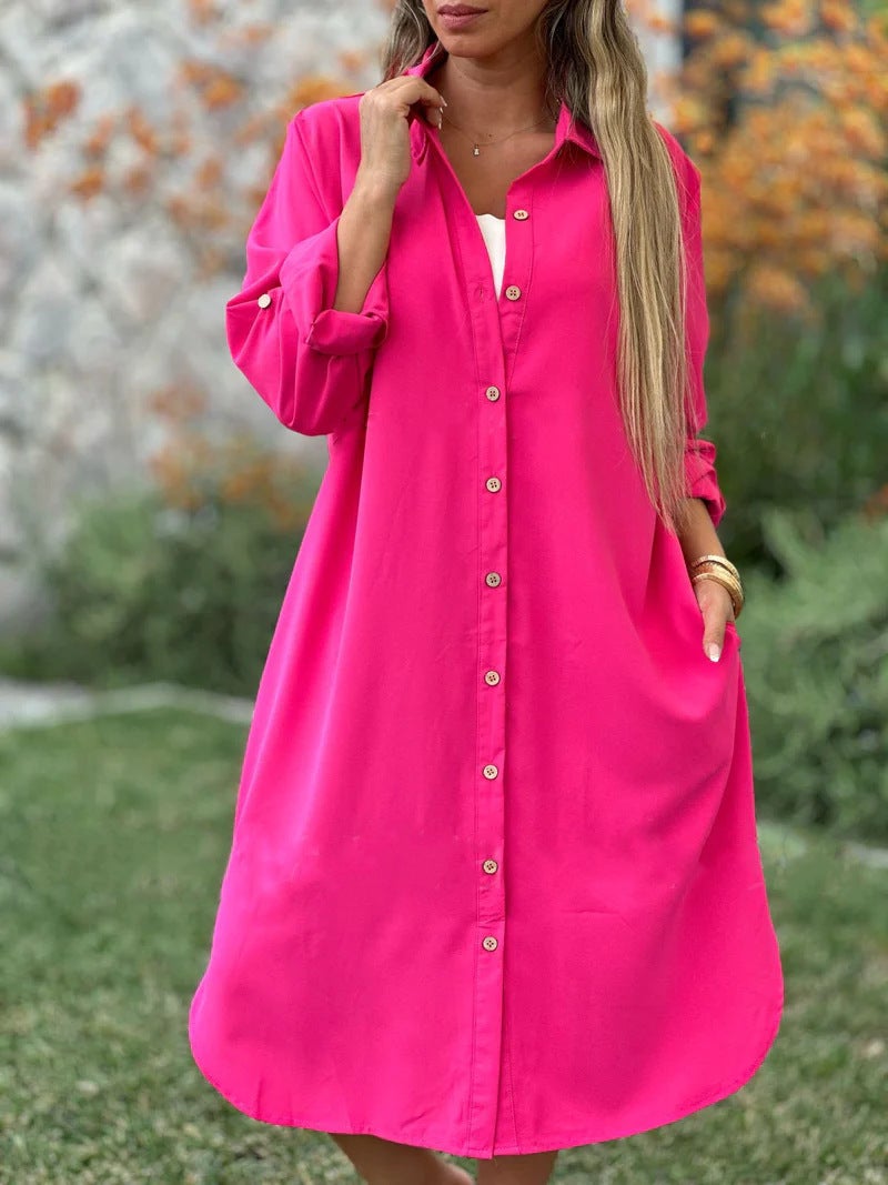 Spring 2024 New Amazon Cross-border Cotton and Linen Womens Solid Color Loose Casual Long Sleeve Long Button Shirt Dress Rose