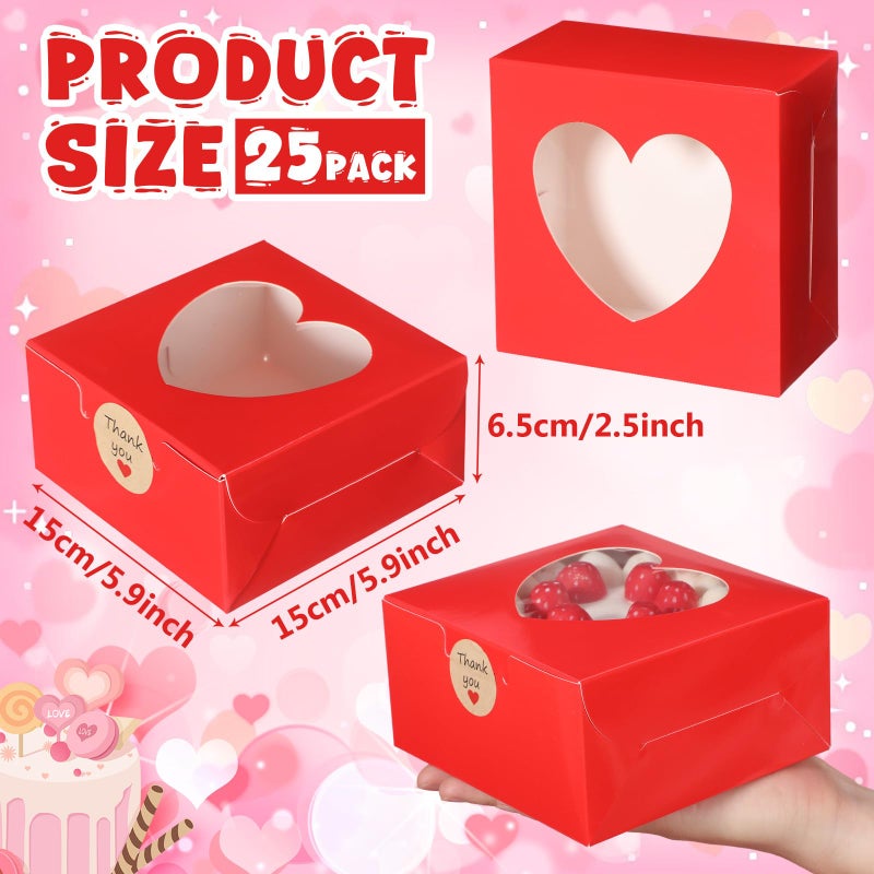 Janlaugh 25 Pcs Red Bakery Boxes for Women Mother with Window Heart Cupcake Treat Cookie Dessert Box Bulk Mom Gift for Chocolate Strawberries Donuts Candy Party Favor (6x6x2.5 Inch) - Image 2